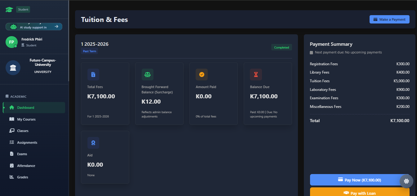 Student fees dashboard dark mode